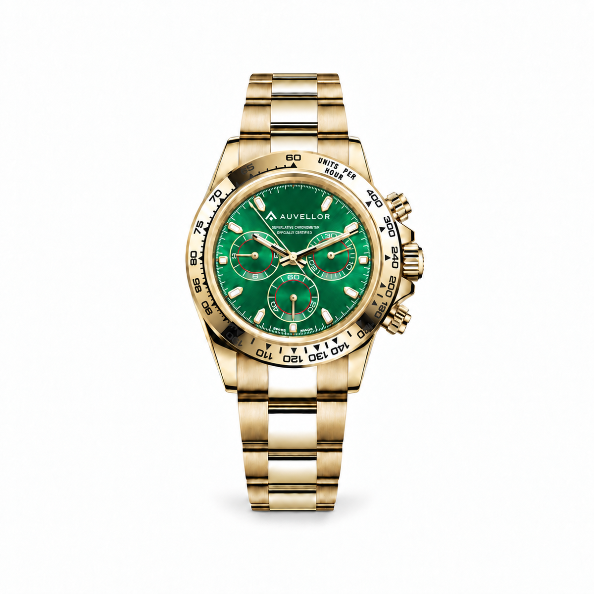 ORVEN Zephyron Chronograph – Green Dial — front view on white background